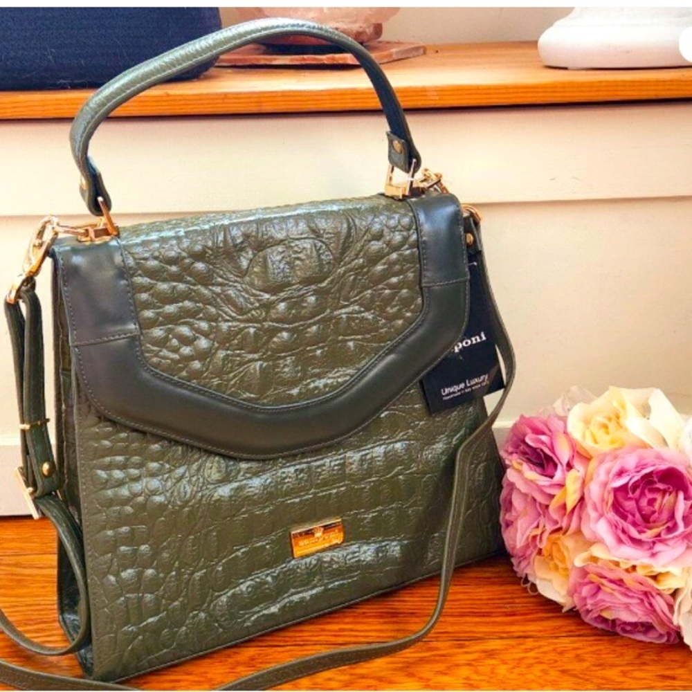 Zamponi Croc Style Green Italian Leather Retro Vintage Style Satchel